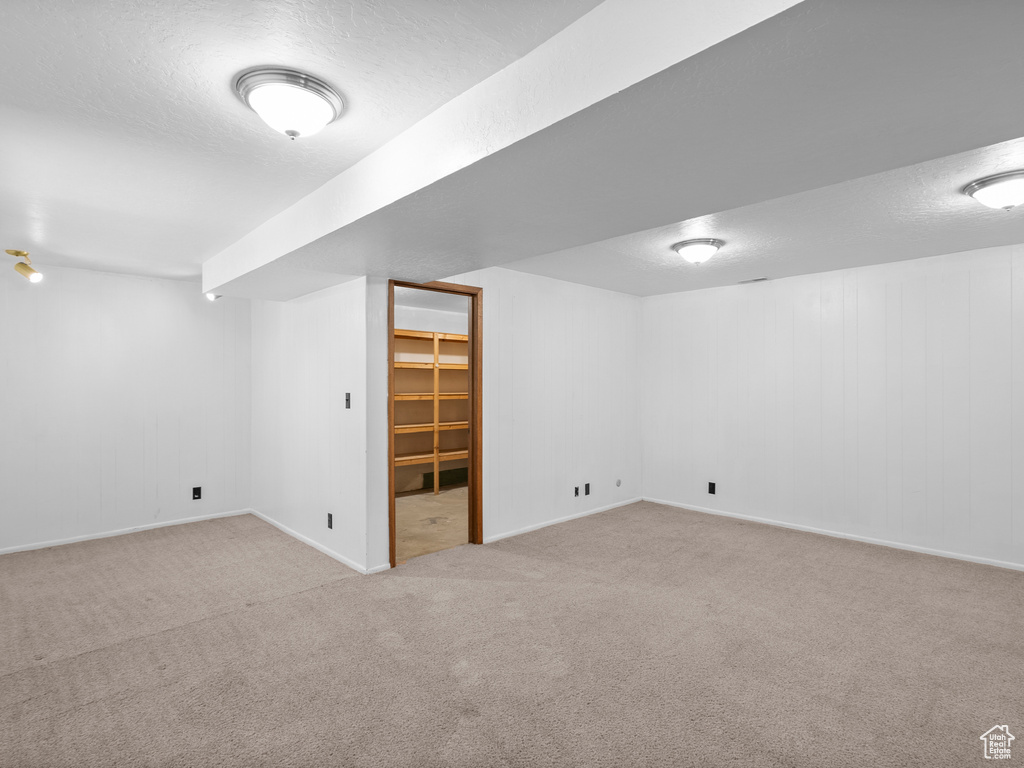 Finished basement with carpet flooring and a textured ceiling