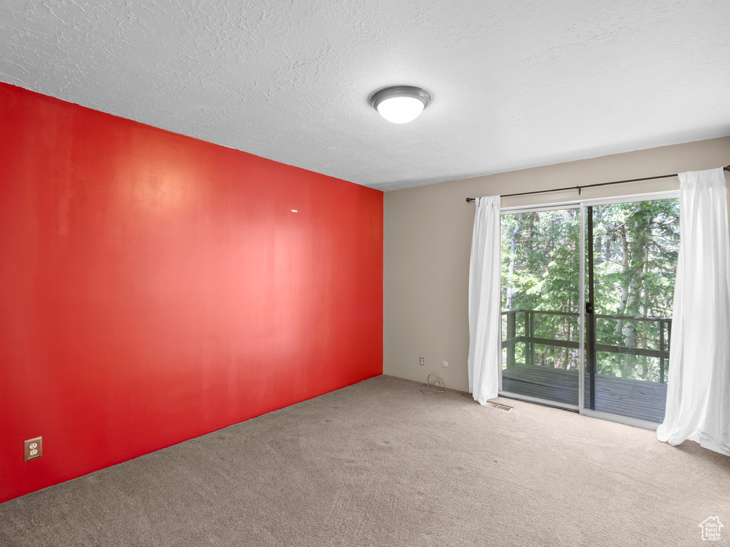 Carpeted spare room featuring a textured ceiling