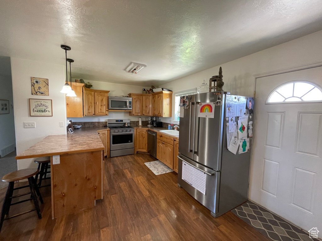 Kitchen with stainless steel appliances, a peninsula, dark wood-style floors, a kitchen bar, and pendant lighting