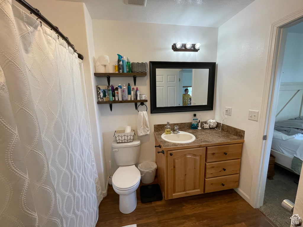 Ensuite bathroom with wood finished floors, vanity, and a shower with shower curtain