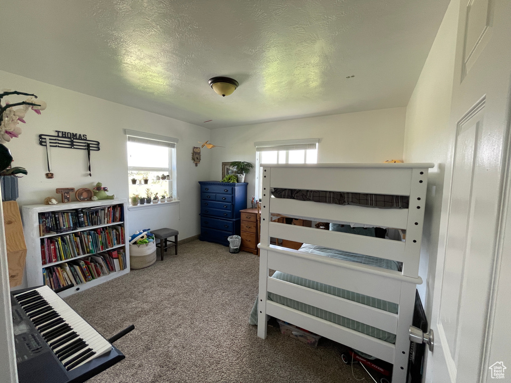 Carpeted bedroom featuring multiple windows and a textured ceiling