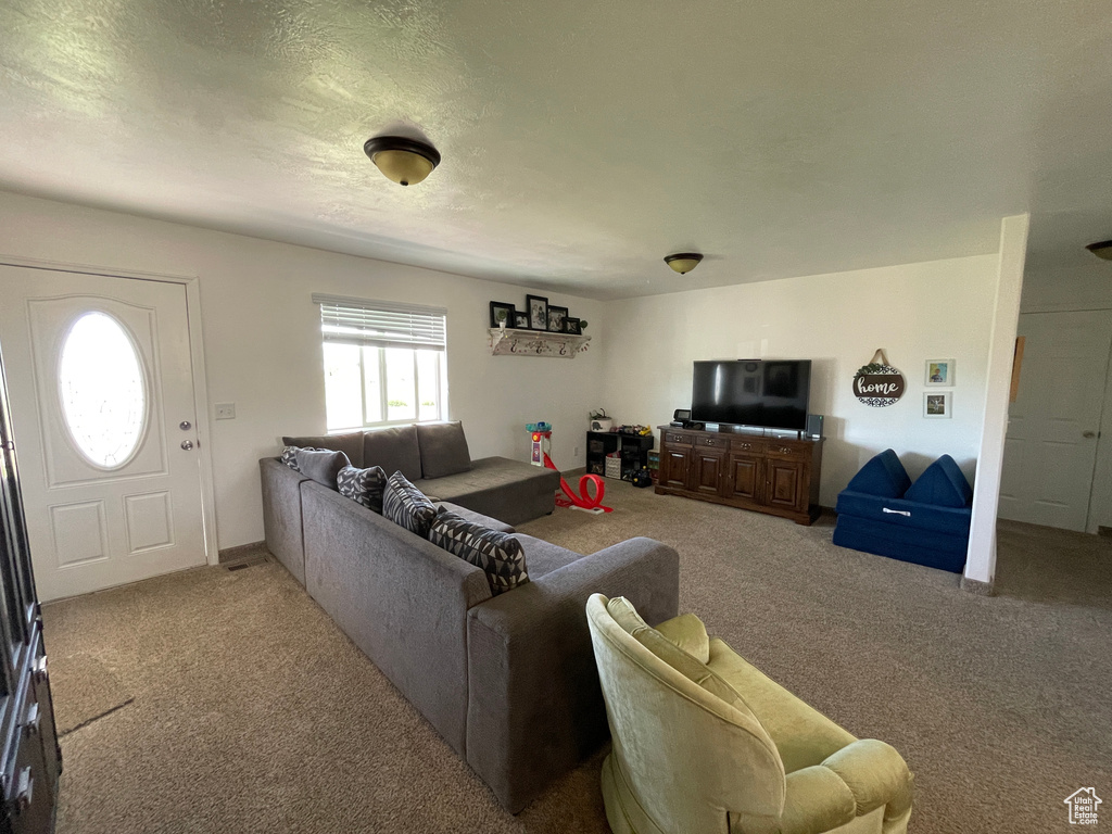 Living area featuring carpet flooring