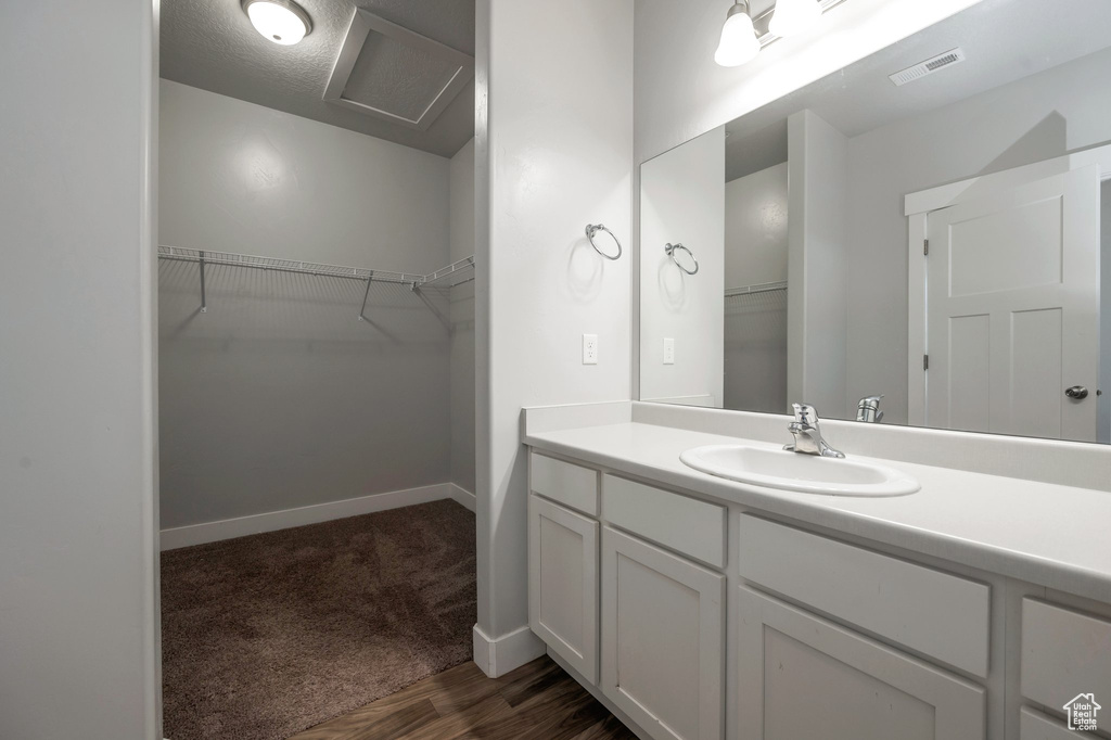 Bathroom featuring vanity, wood finished floors, and a spacious closet