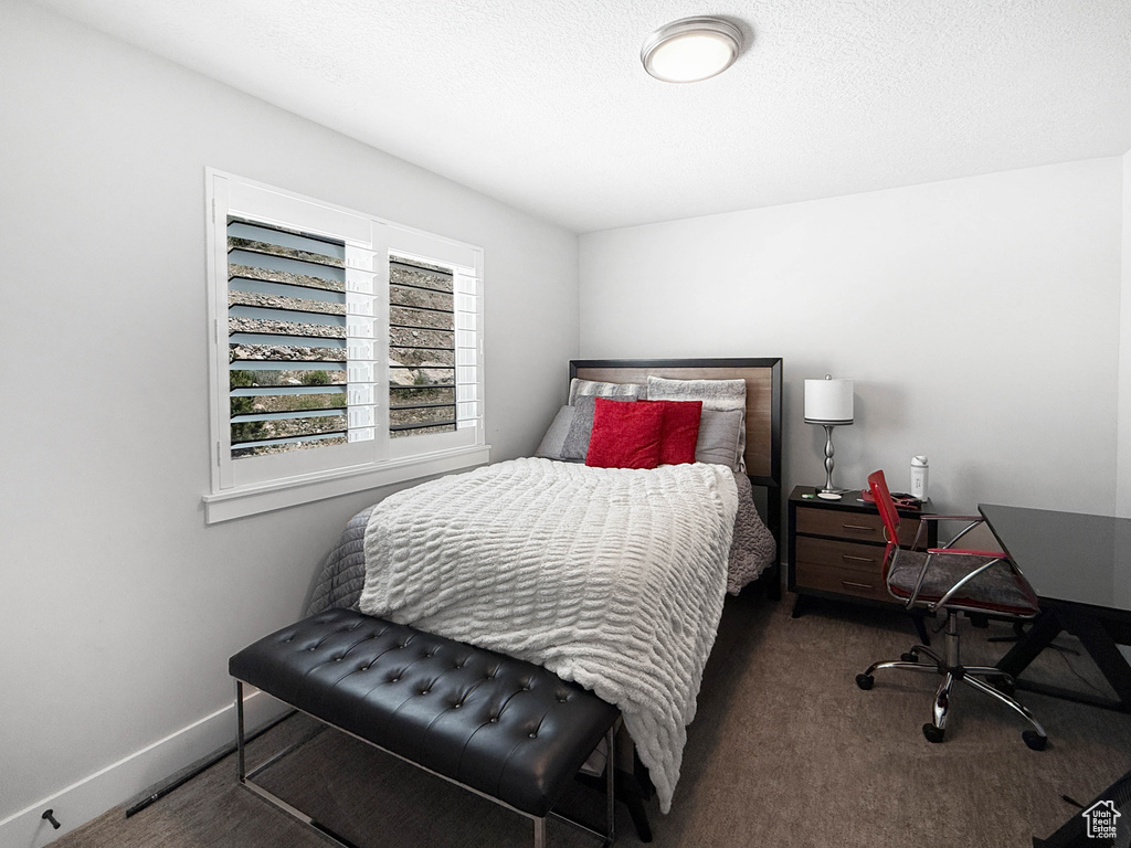 Bedroom featuring carpet and a desk