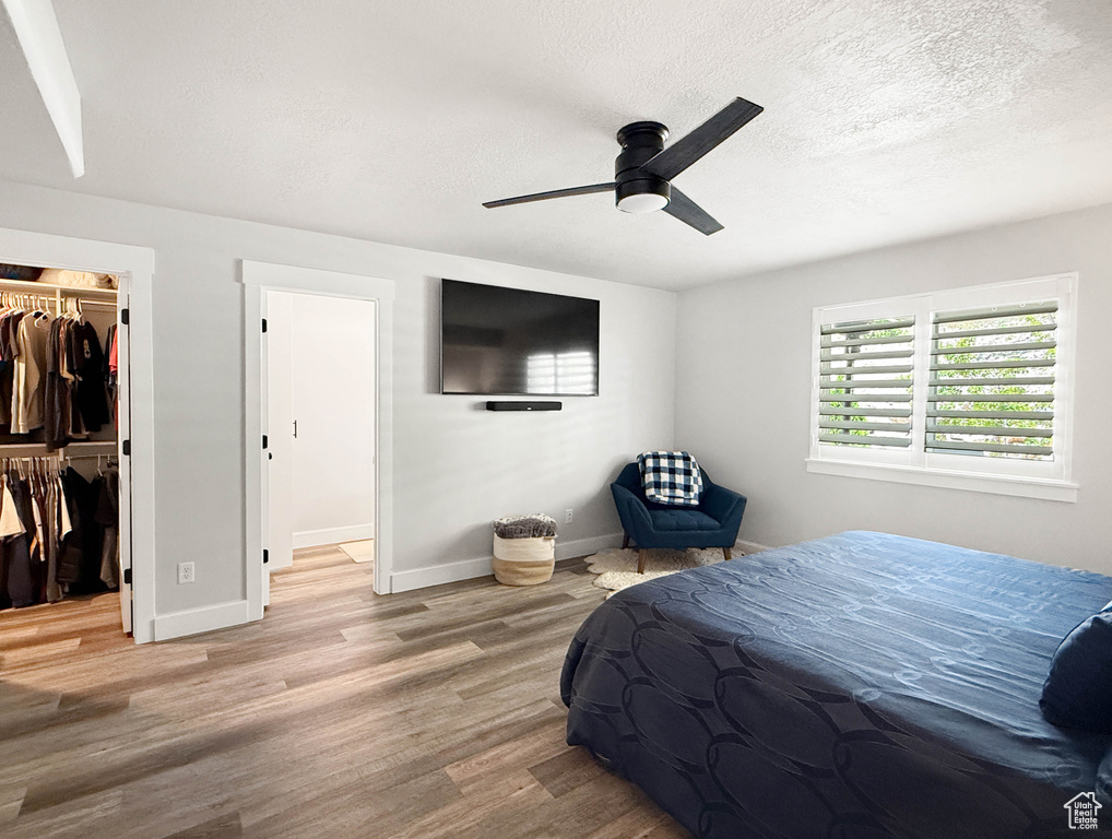 Bedroom with wood finished floors, a spacious closet, a closet, ceiling fan, and a textured ceiling