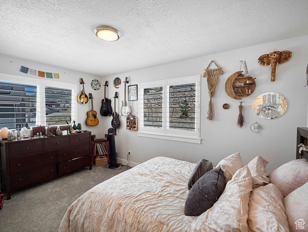 Carpeted bedroom featuring a textured ceiling