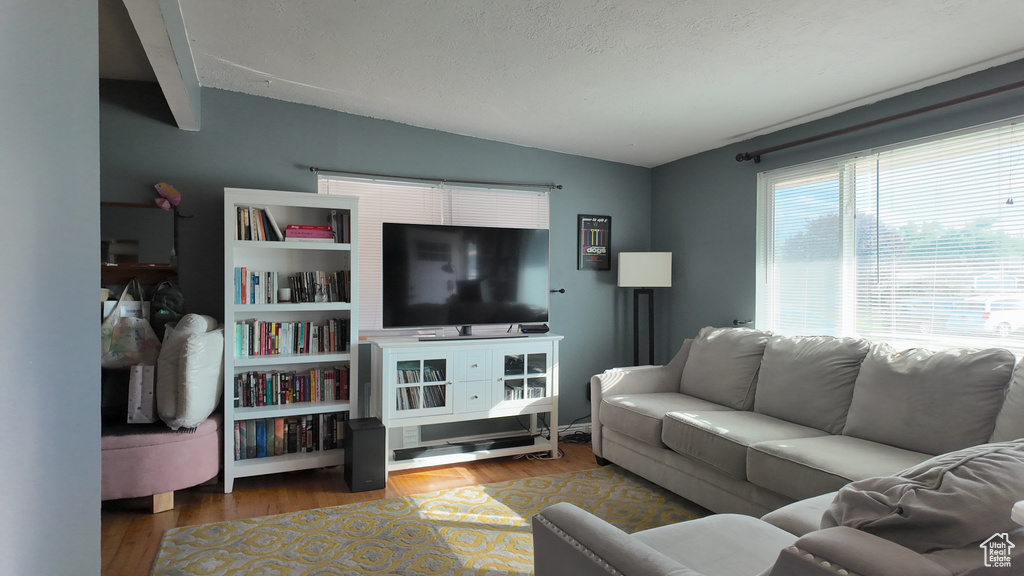 Living room featuring lofted ceiling and wood finished floors