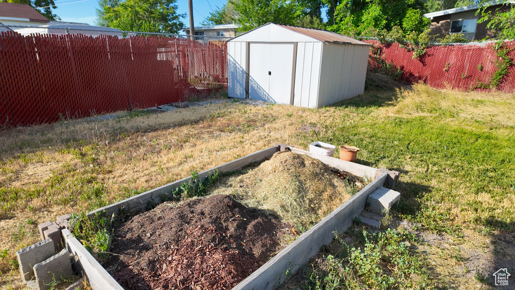 Fenced backyard featuring a shed and a garden