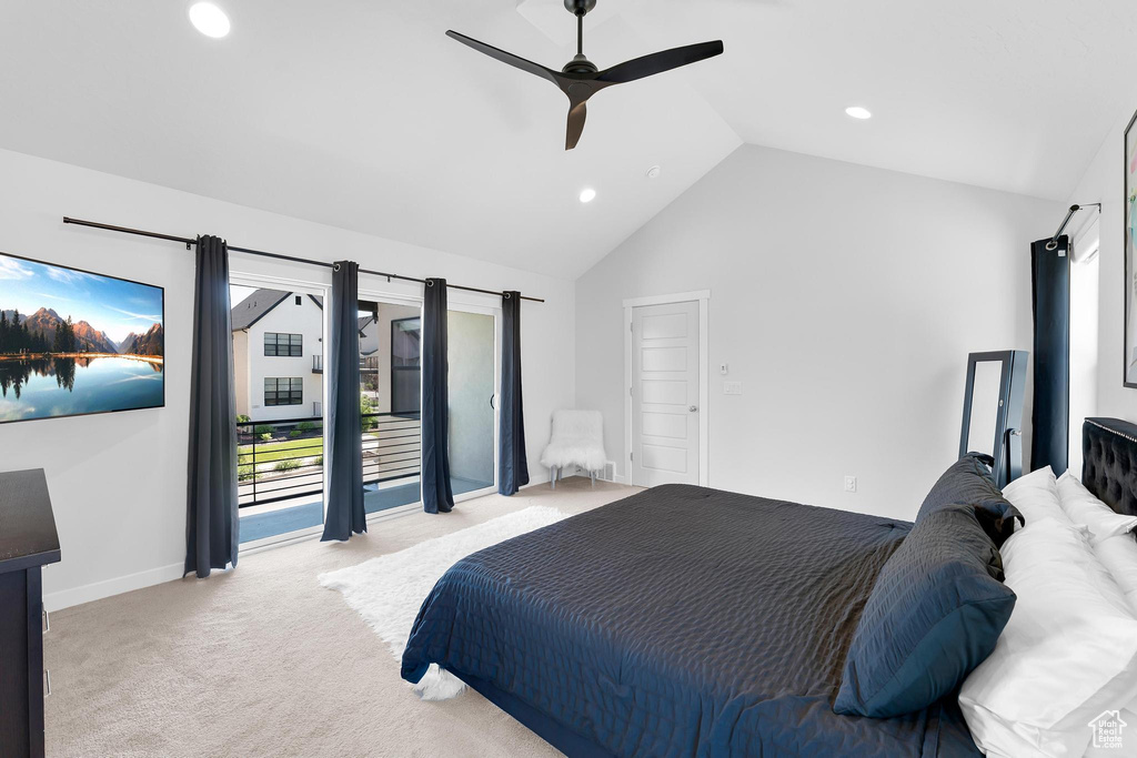 Bedroom with light colored carpet, vaulted ceiling, recessed lighting, access to exterior, and ceiling fan