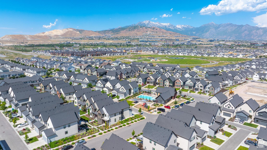 Aerial perspective of suburban area featuring mountains