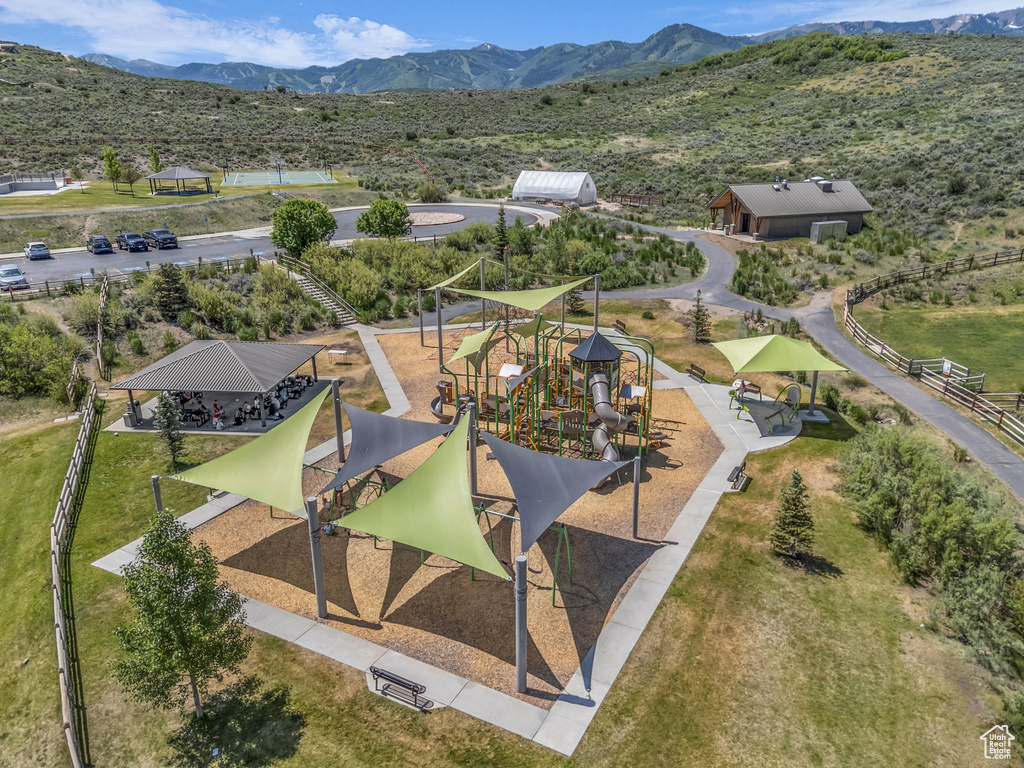 Bird's eye view of a mountainous background