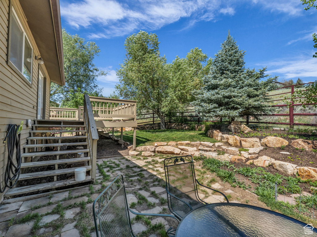 Fenced backyard featuring a deck and stairs