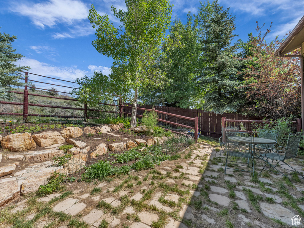 Fenced backyard with outdoor dining area