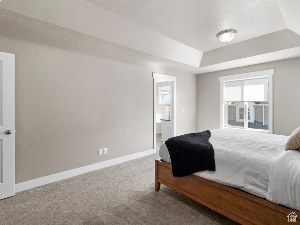 Bedroom with carpet, a textured ceiling, a raised ceiling, and ensuite bath