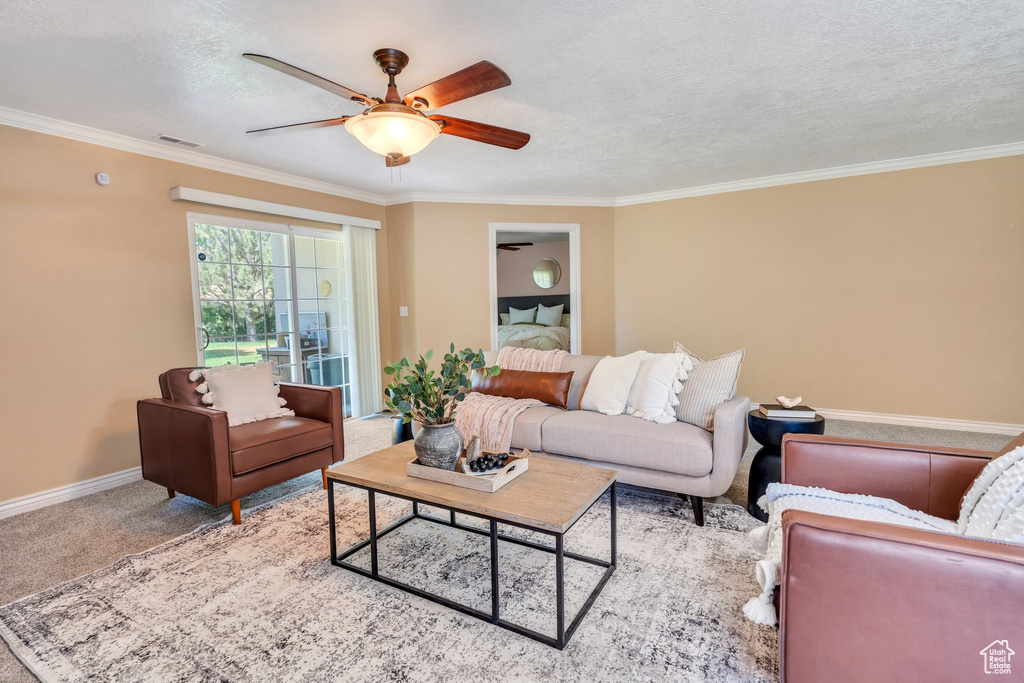 Living area featuring ceiling fan, ornamental molding, a textured ceiling, and carpet floors