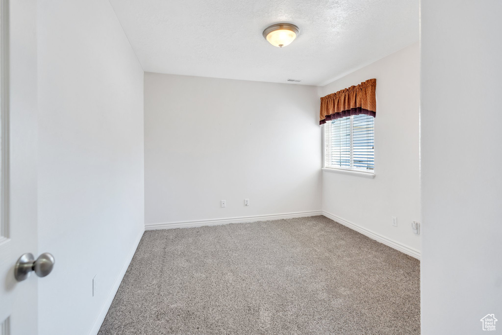 Empty room featuring carpet and a textured ceiling