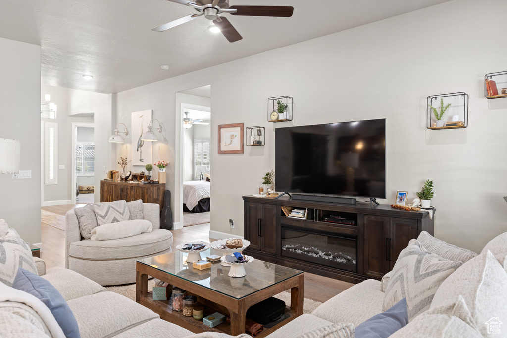 Living area featuring a ceiling fan and wood finished floors