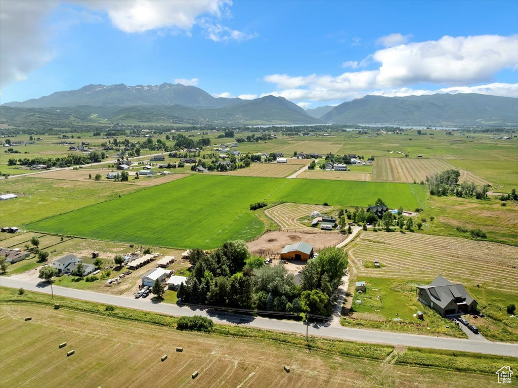 Aerial view of sparsely populated area featuring a mountain backdrop and extensive farmland