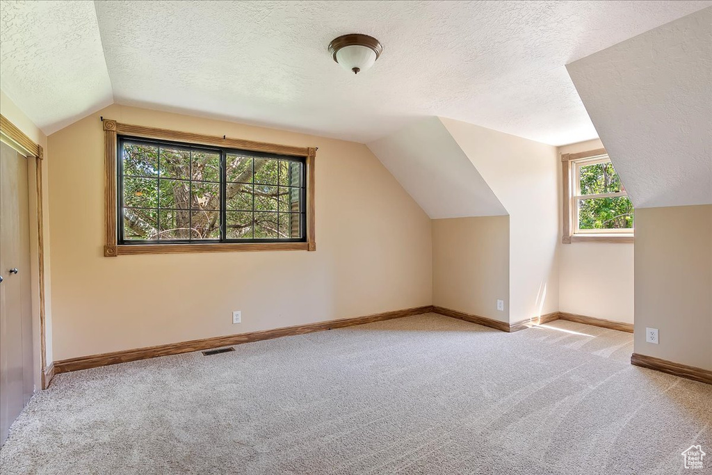 Bonus room with a textured ceiling, lofted ceiling, and carpet