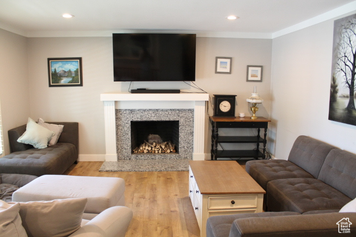 Living room featuring light wood-style floors, ornamental molding, recessed lighting, and a premium fireplace