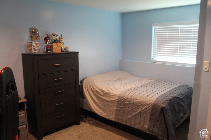 Bedroom with light colored carpet