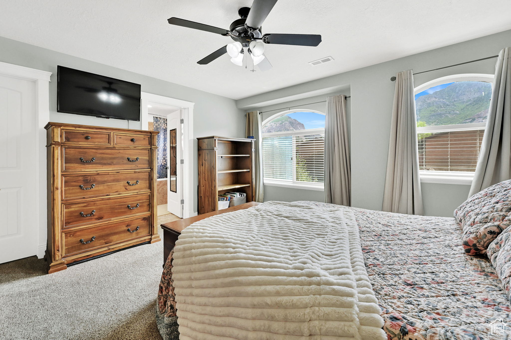 Carpeted bedroom with multiple windows, ceiling fan, and connected bathroom
