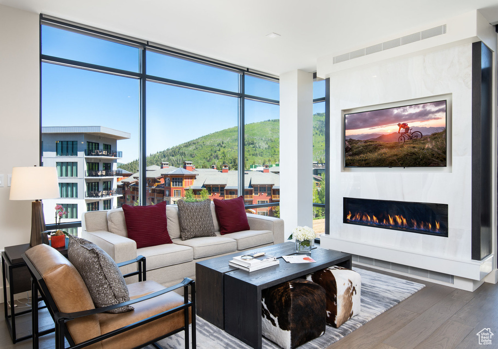 Living room with expansive windows, wood finished floors, and a glass covered fireplace