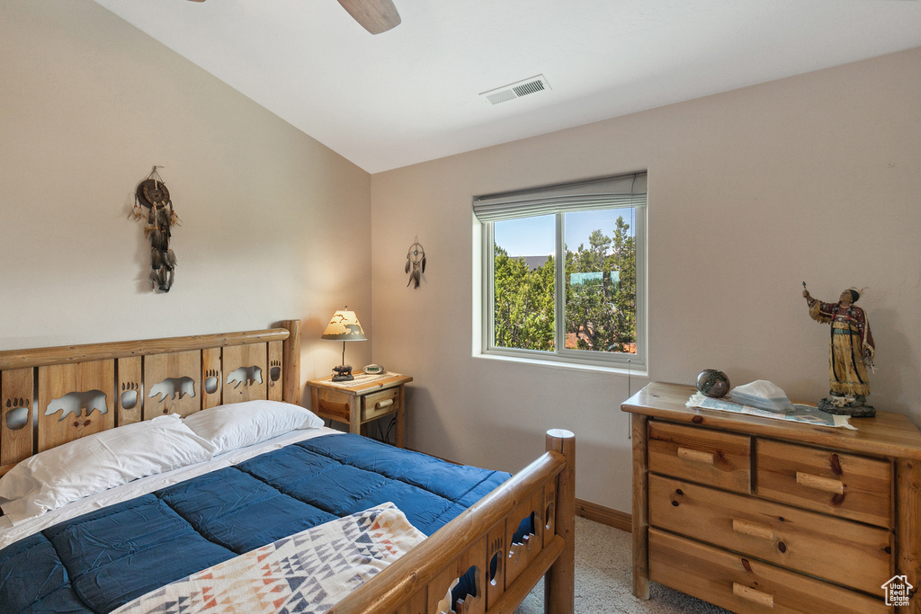 Bedroom featuring carpet flooring and a ceiling fan