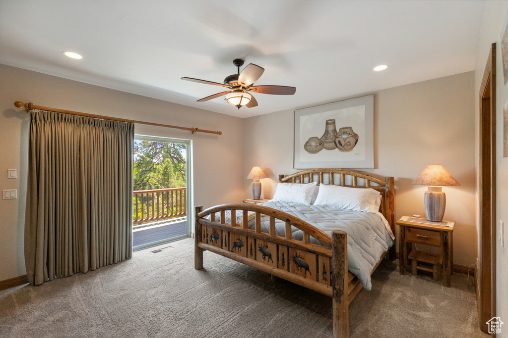 Carpeted bedroom with access to outside, recessed lighting, and ceiling fan