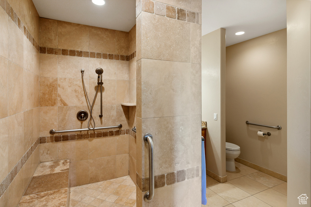 Full bathroom with walk in shower, recessed lighting, and tile patterned floors
