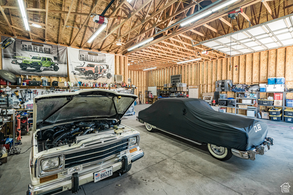 Garage with a workshop area