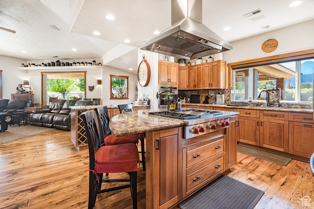 Kitchen featuring island range hood, stainless steel appliances, light wood finished floors, plenty of natural light, and recessed lighting