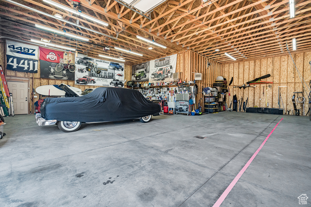 Garage with a workshop area