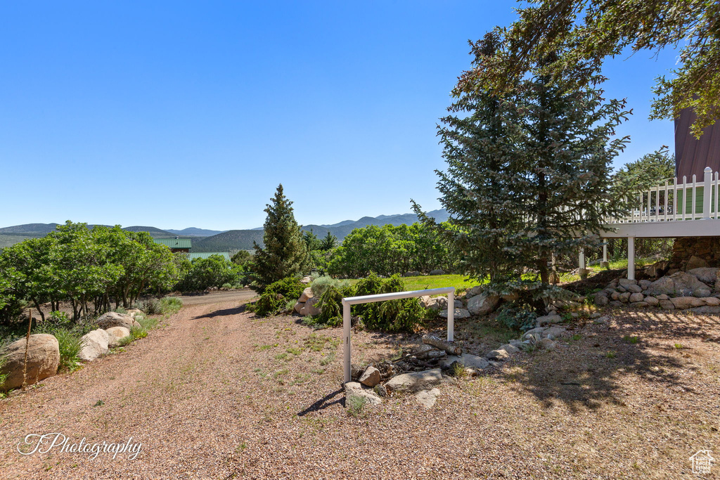 View of yard with a mountain view