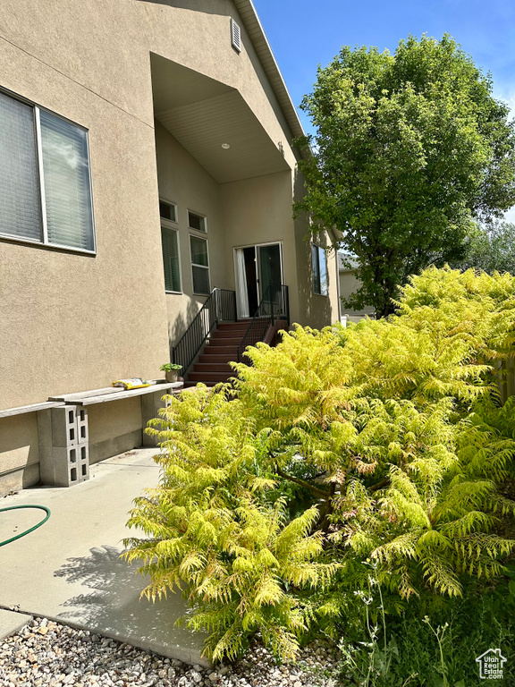 Doorway to property featuring stucco siding and a patio area