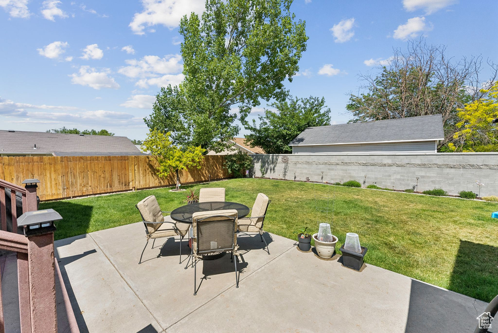 Fenced backyard featuring a patio and outdoor dining space