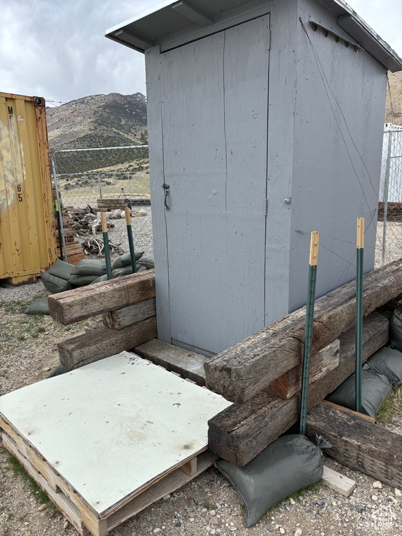 View of shed featuring a mountain view