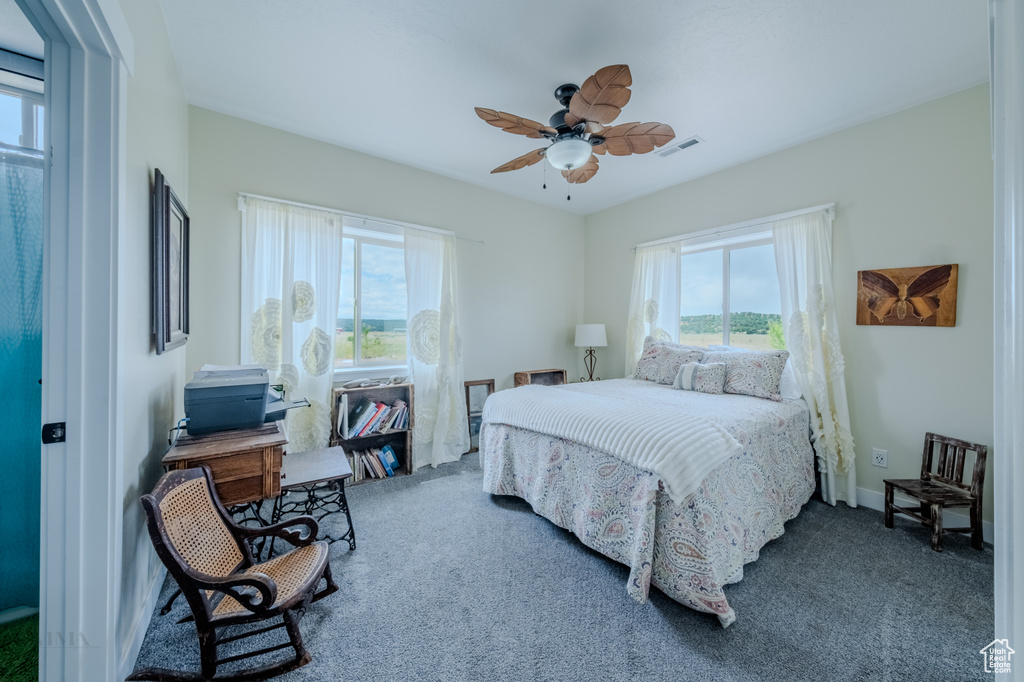 Bedroom with multiple windows, carpet, and a ceiling fan