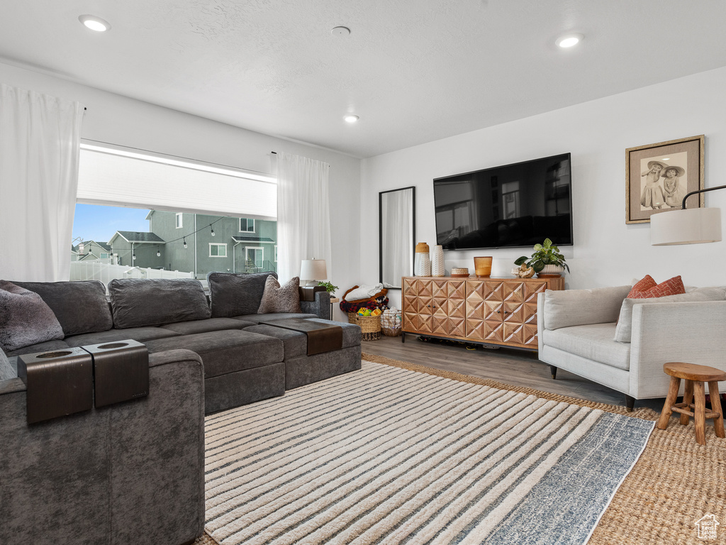 Living area featuring wood finished floors and recessed lighting