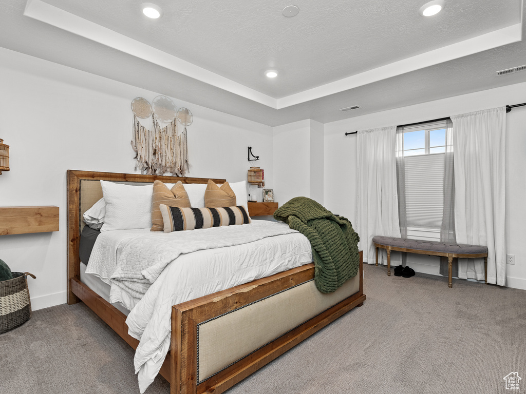 Bedroom featuring carpet flooring, a tray ceiling, and recessed lighting