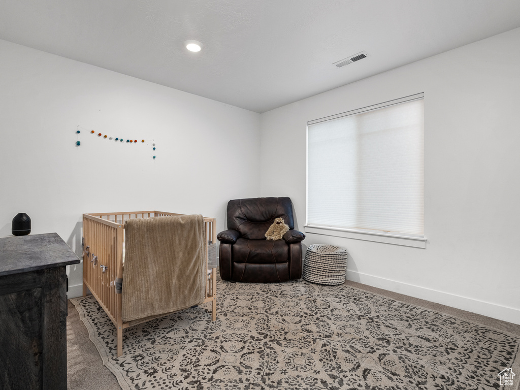 Sitting room with carpet floors and recessed lighting