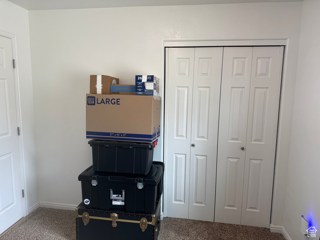 Bedroom with carpet flooring and a closet