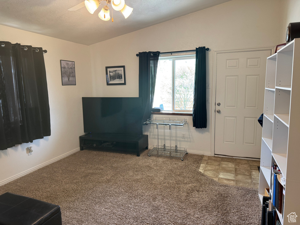 Living room featuring a ceiling fan and carpet flooring