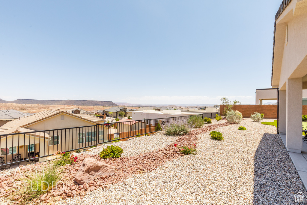 Fenced backyard with a residential view
