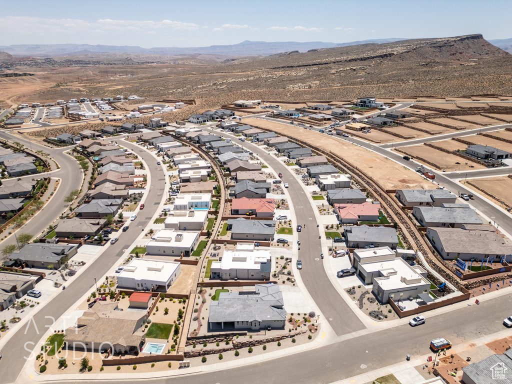 Aerial perspective of suburban area with mountains