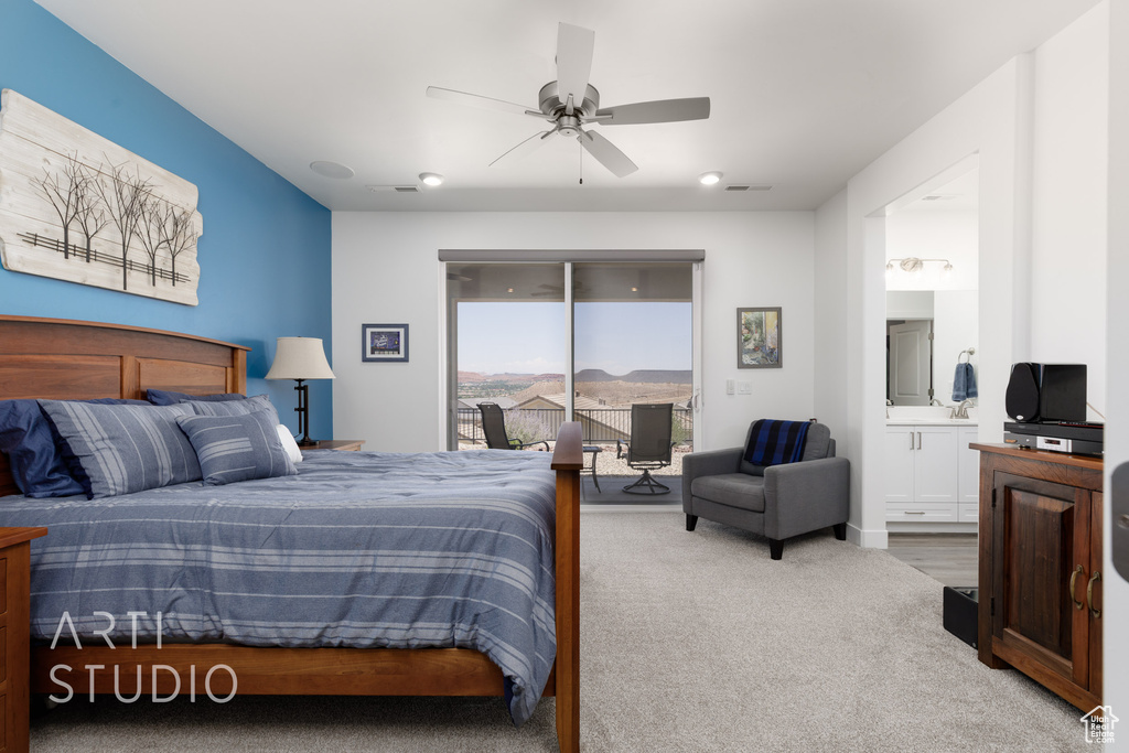 Bedroom with access to exterior, connected bathroom, carpet, ceiling fan, and recessed lighting