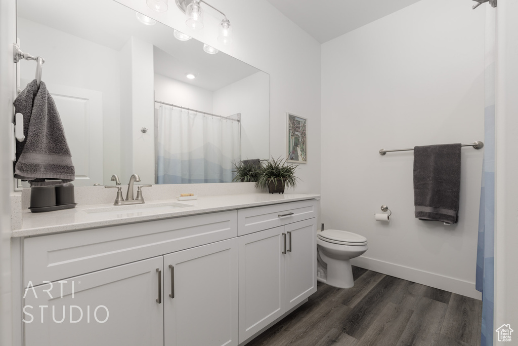 Full bathroom with vanity, wood finished floors, and a shower with shower curtain