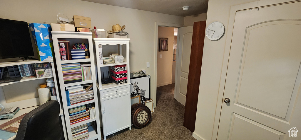Home office with dark colored carpet