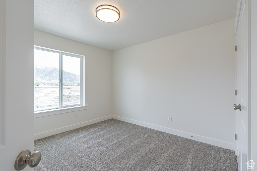 Carpeted empty room featuring baseboards and a mountain view