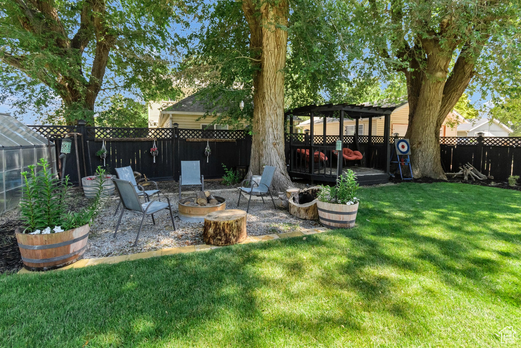 Fenced backyard featuring a patio and a pergola